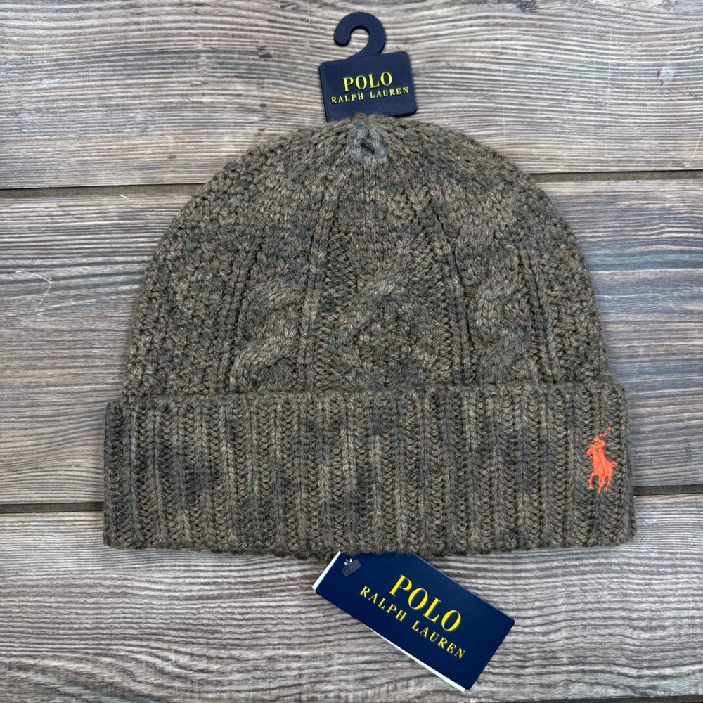 Polo Ralph Lauren Olive Camo Cable Knit Beanie Cuff Wool Green Camouflage NWT - Picture 2 of 5